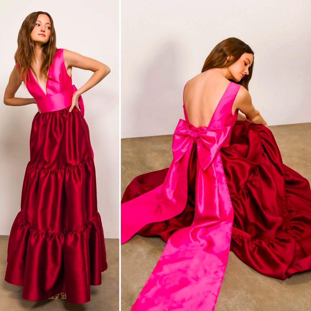 Hutch Harlo Bow Back Satin Tiered Maxi Dress Pink Magenta Formal Wedding 4 Small - Picture 15 of 15